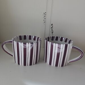 Noon & Moon Striped Ceramic Mugs - Purple and White NIB Set Of 2 7.9 Oz